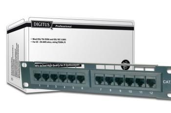 DIGITUS 10" CAT 5e patch panel, stíněný, 12-port RJ45, 8P8C, LSA, 1U, černý RAL 9005