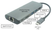 PremiumCord Převodník USB-C na HDMI + RJ45 + 2xUSB3.0 +SD card + PD charge