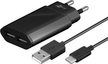 goobay Napájecí a nabíjecí adaptér 230V na 2x USB, 2,4A s USB Typu C kabelem 1m ,černý