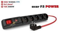 Acar F5  1.5m kabel, 5 zásuvek, přepěťová ochrana, max.proud 16A, černý